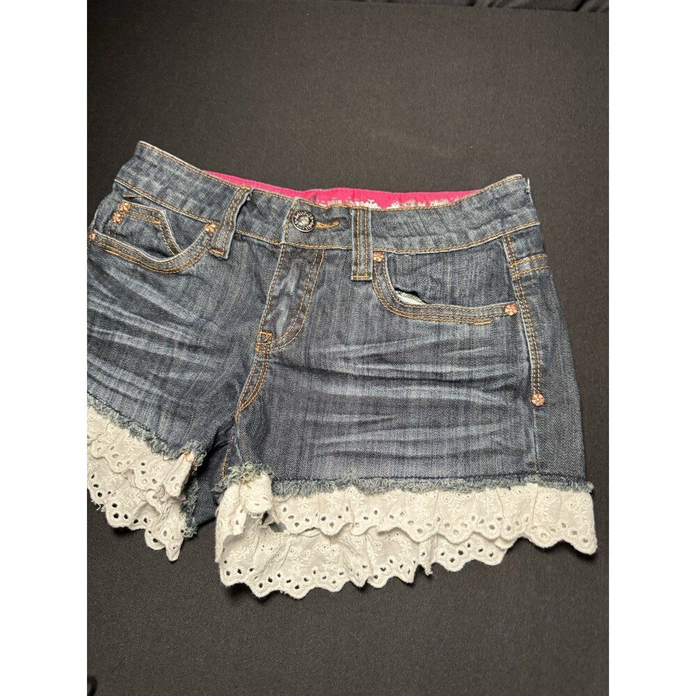 Dollhouse Y2K Denim Shorts Lace Trim Low Rise Coquette Festival Boho - Picture 4 of 8